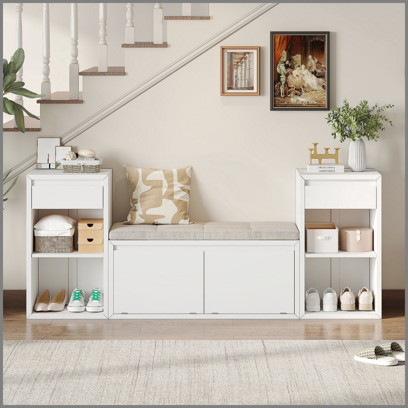 Banc de rangement tout-en-un avec coussin, compartiments, tiroirs et tablettes ouvertes, banc de rangement pour couloir, vestibule, salon (blanc)
