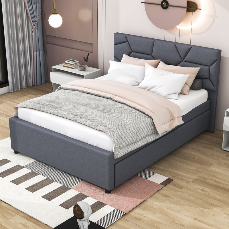 Lit plateforme tapissier avec couchette Elerte, Double, gris