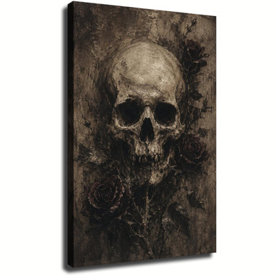 Tableau vintage sur toile représentant un crâne et des roses sombres, impression de peinture à l'huile gothique, squelette effrayant avec des roses bordeaux, décoration murale d'Halloween