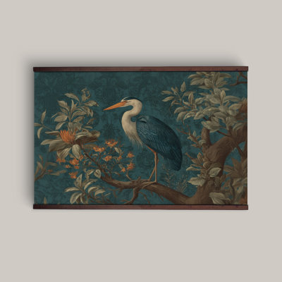 Blue Heron Wall Tapestry with Wood Hangers – Coastal Bird Canvas Wall Art, Botanical Nature Decor for Living Room & Bedroom
