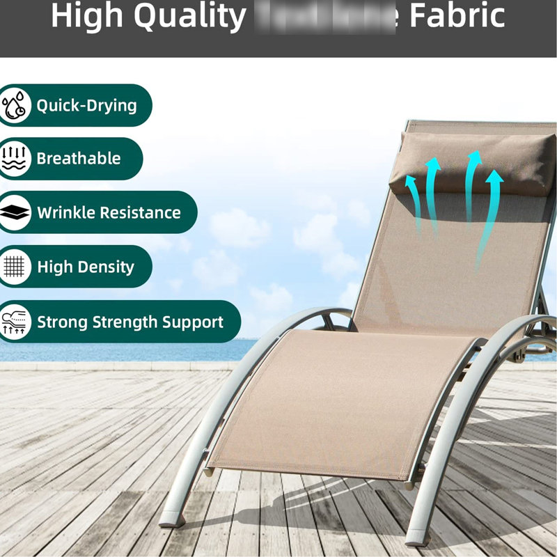 3 Poolside Lounge Chair - Adjustable Aluminum Chaise Lounges With Metal Table For Lawn Deck Backyard 5 Positions, Lightweight Fabric, Khaki Outdoor Chairs Quick-Drying Fabric And Side Pool Area