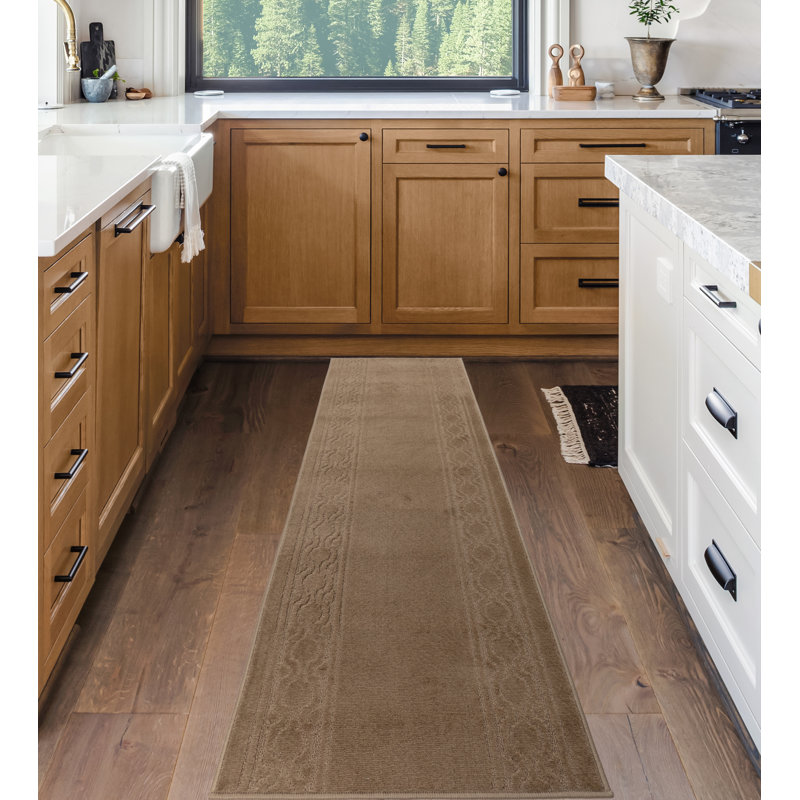 Trellis Border Beige Low Pile Slip Resistant Rugs, Runner 3' x 30'