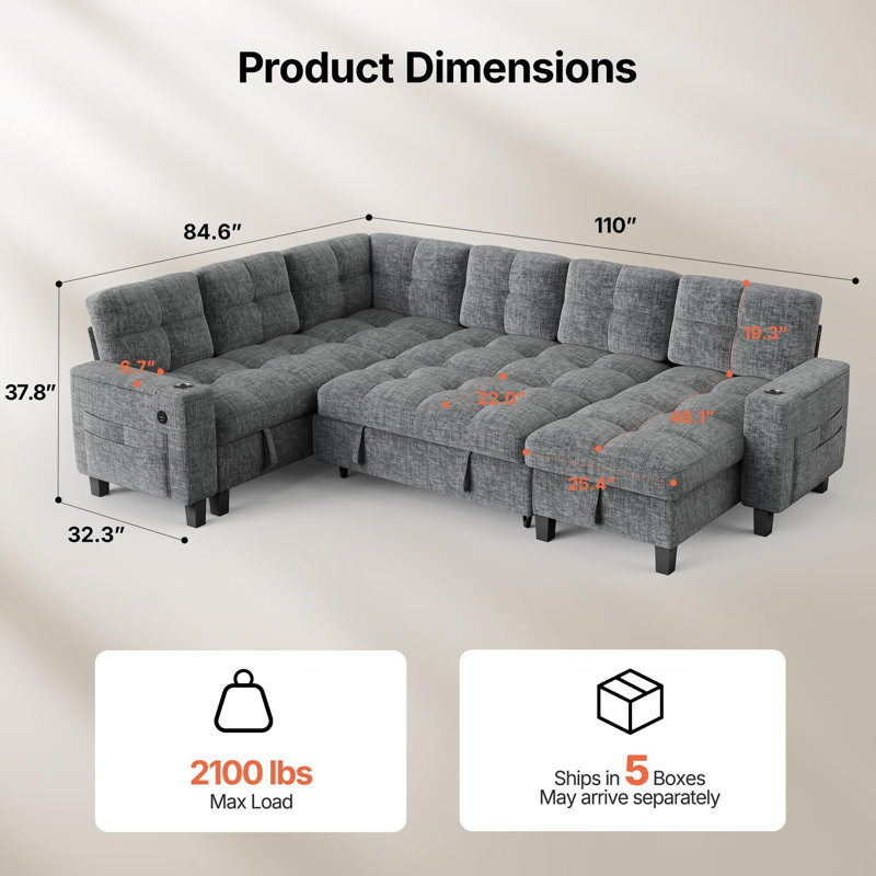 Canapé-lit modulaire 110 po, canapé modulaire modulaire avec lit escamotable, rangement, ports USB et porte-gobelets