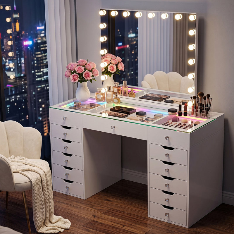 Coiffeuse préassemblée de 150 cm avec miroir Hollywood, plateau en verre DEL RVB, 13 tiroirs de rangement, ports de chargement USB et Type-C, poignées en forme de diamant