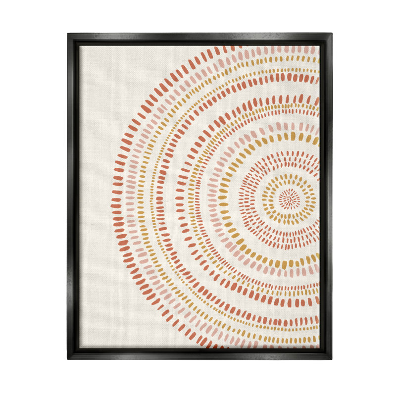 «Boho Circle», art abstrait sur toile, tons de jaune et rouge par Nancy Mckenzie, Cadre flottant noir de jais