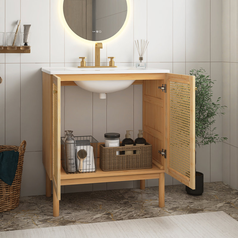 Meuble-lavabo de 30 pouces de couleur bois naturel fabriqué à partir de matériaux naturels, avec portes en rotin faites à la main à fermeture douce