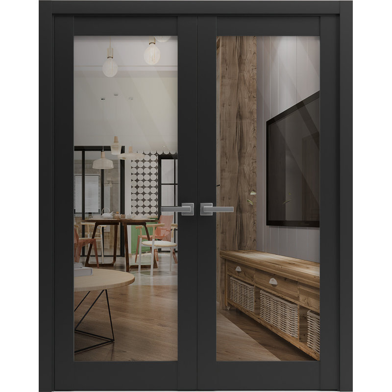 Portes françaises doubles solides | Verre transparent noir mat Lucia 2166 | Garnitures de cadre en bois massif | Chambre de garde-robe