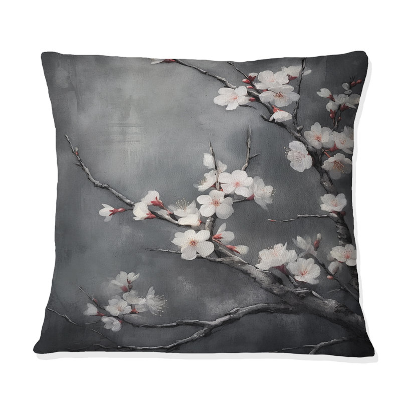 Coussin Cherry Blossoms - blanc sur 20 nuances de gris
