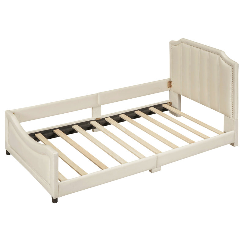Lit de jour simple rembourré beige avec tête de lit à rayures classique et fascinante - Bois et structure, Beige