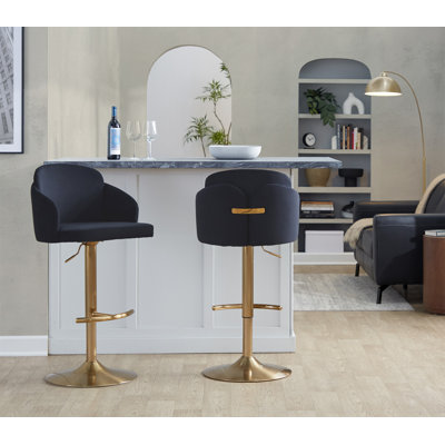 Tabouret de bar réglable en métal doré et velours avec accents en métal doré et repose-pieds rond en métal - ensemble de 2