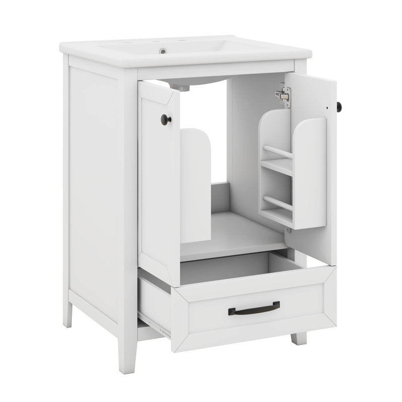 Armoire de meuble-lavabo 24 po avec lavabo encastré en céramique, deux portes avec tablette et un tiroir, bois massif