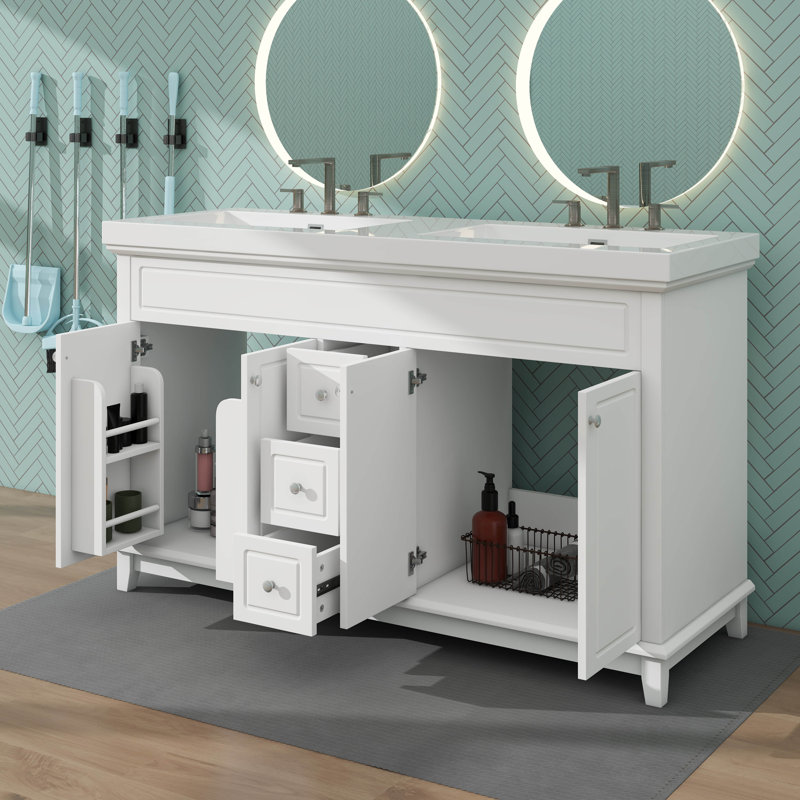 Meuble-lavabo double 60 po avec pattes en bois robustes, 3 tiroirs, 4 portes, 2 tablettes à deux niveaux et mécanisme de fermeture en douceur