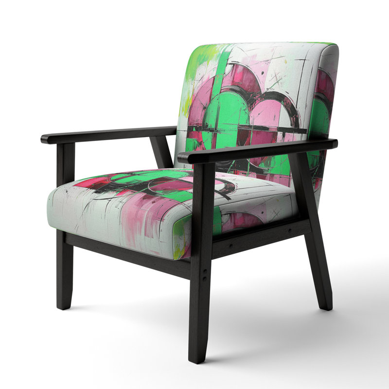 Mid-Century Accent Chair, Colorful Abstract Upholstered Armchair - Colorful Mid Century Abstract Fusion I, Black Square Arms