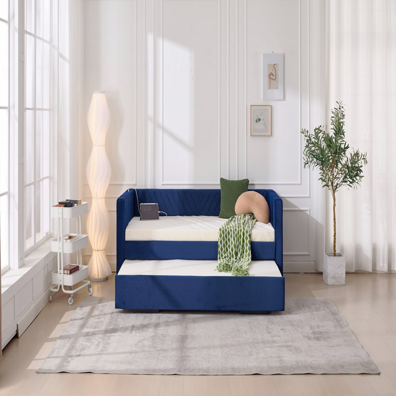 Upholstered Trundle Daybed, Twin Size,USB Port,Side Pockets, Modern V-Grained Backrest Design,No Box Spring Needed, Navy