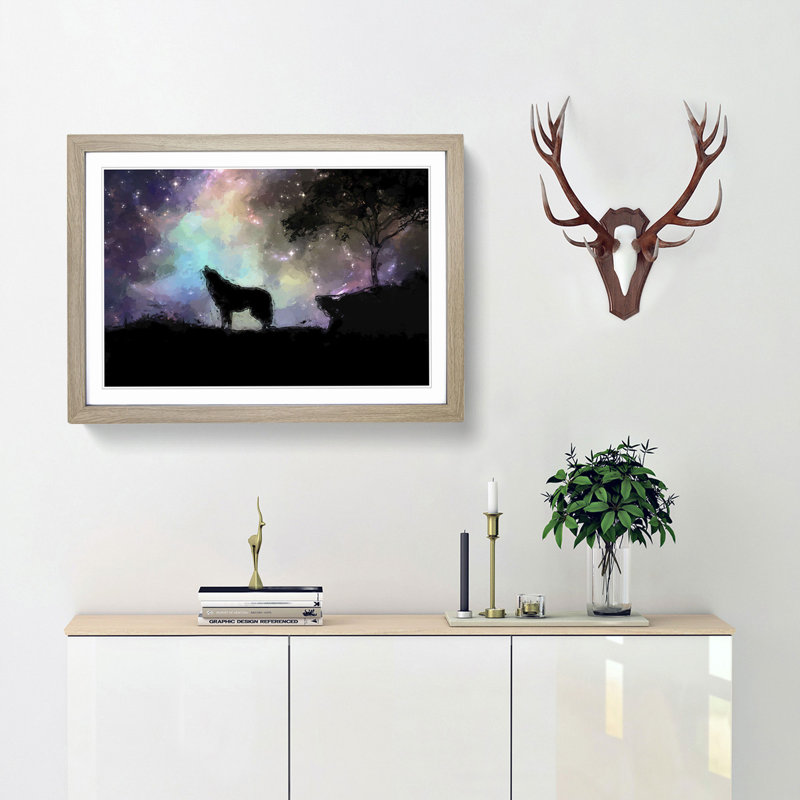 Howling Wolf with a Galaxy Forest in Abstract - Picture Frame Painting Print, 27cm H x 36cm W x 2cm D, Oak Framed