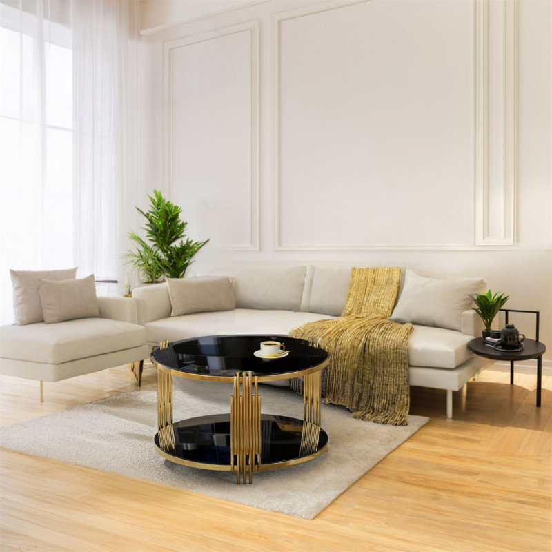 Table basse Modern Modern Mirror, base asymétrique en métal, base cylindrique circulaire en métal, Noir transparent