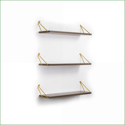 Floating Wall Shelves, Rustic Metal Bracket Triple Shelf | Walnut Brown | Mustard Yellow