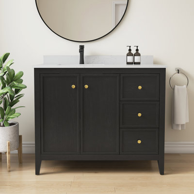 Meuble-lavabo simple autoportant de 42 po avec plateau en granit blanc entièrement assemblé