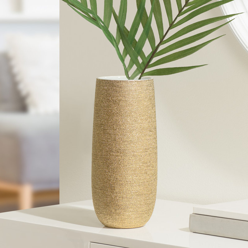Brava 11" Metallic Gold Textured Ceramic Table Vase, 11" H x 5" W x 5" D, Brown