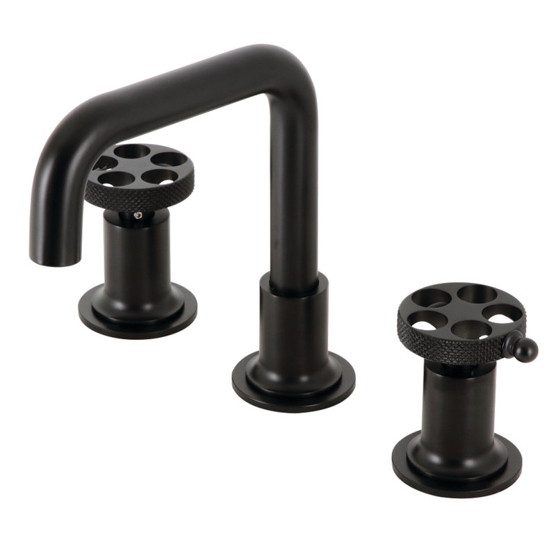Kingston Brass Webb Two-Handle 3-Hole Deck Mount Widespread Bathroom Faucet with Knurled Handle and Push Pop-Up Drain, Black