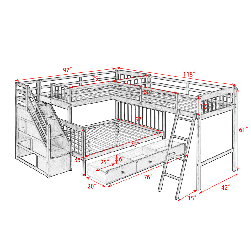 Fabriana Twin Over Full & Twin 3 Drawers L-Shaped Bunk Bed with Storage, Espresso