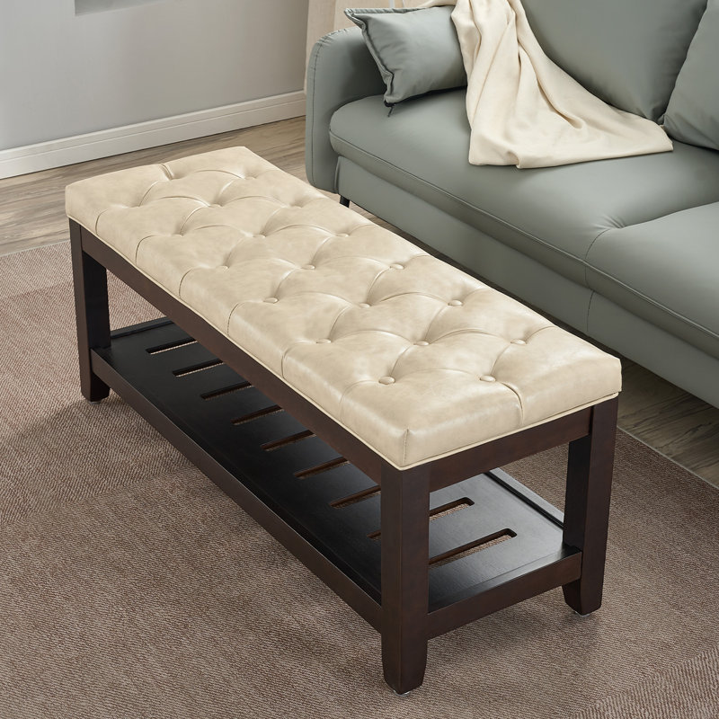 44" Wide Tufted Rectangle Cocktail Ottoman With Storage Tray, Beige