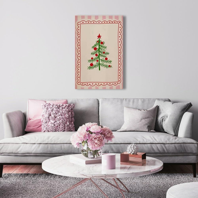 Arbre de Noël girly rose rayé, art mural 24 po x 36 po