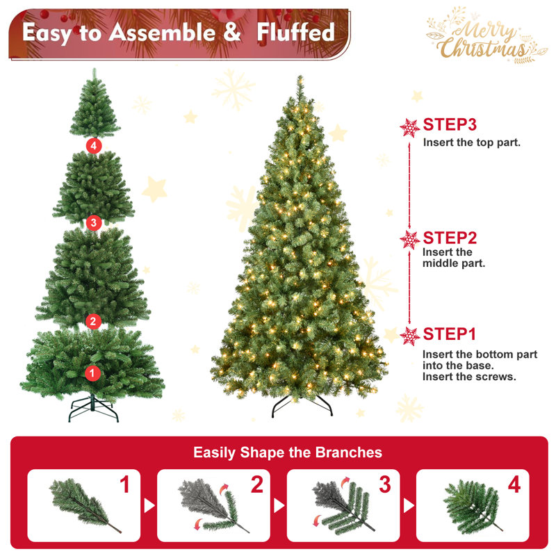 Arbre de Noël pré-éclairé, arbre de Noël artificiel haut de gamme avec lumières et branches en PVC, arbre de Noël à charnières pré-éclairé avec base en métal pour les fêtes, les fêtes et la décoration intérieure