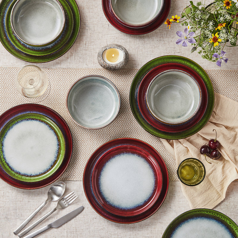 Ensemble 12 pièces de vaisselle en grès 12 pièces, assiettes émaillées réactives et ensembles de bols pour 4, Green