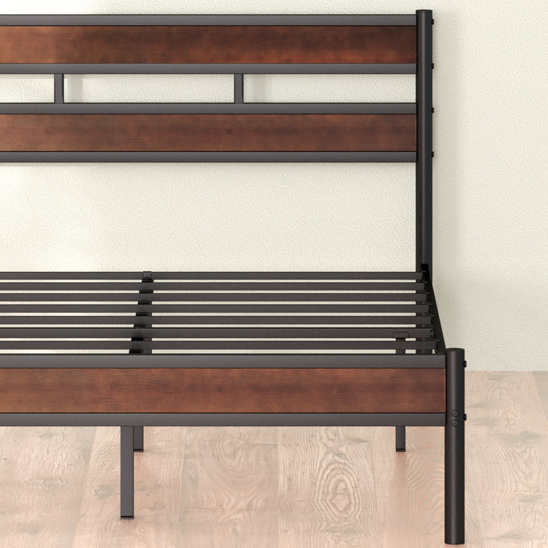 Queen Brown Bamboo and Black Metal Platform Bed Frame with Slatted Headboard