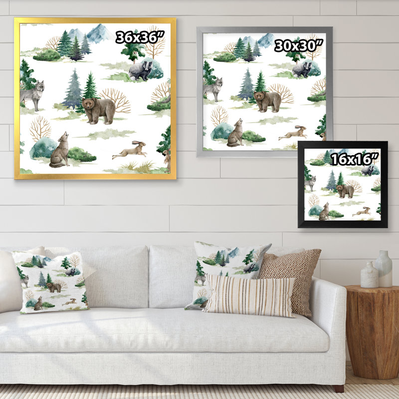 Forêt, loup, lapin, blaireau et sapins - peinture sur toile, Cadre blanc, H 31,5 po x l 31,5 po
