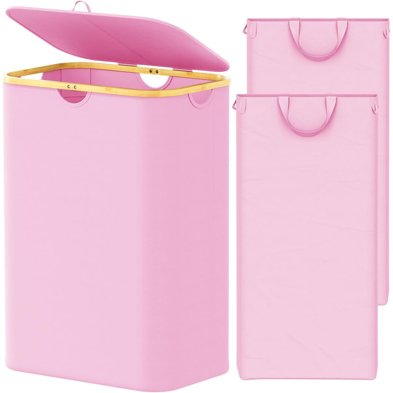 Double panier à linge 2 sections avec couvercle et sacs à linge amovibles, panier à linge de 160 L avec poignées en bambou, grand panier pliable pour être