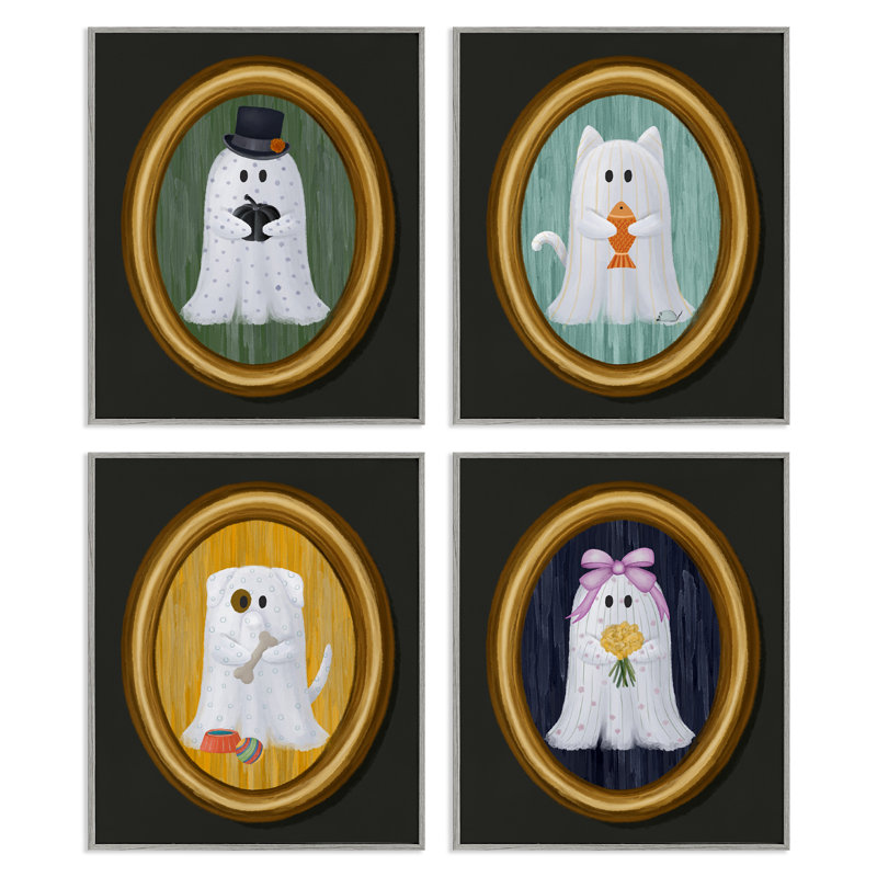Halloween, fantômes et animaux de compagnie, ensemble de 4 giclées encadrées, design par Jennifer Stith, H 14 po x l 11 po
