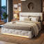 EU Double & Kingsize Linen Ottoman Bed with RGB LED Lights, Upholstered Tufted Bed Frame with Rivet Trim, Beige, 140 /160x200cm-2097321024