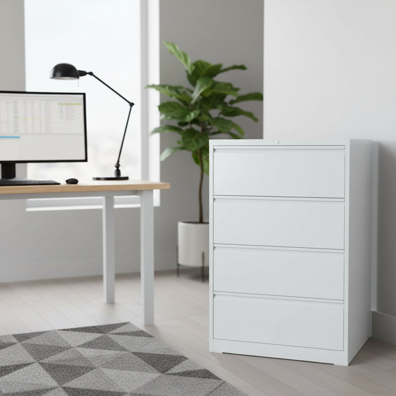 Classeur latéral robuste à quatre tiroirs pour l'organisation de documents de bureau et de maison, rangement vertical en métal avec mécanisme de verrouillage et dispositif de sécurité anti-basculement