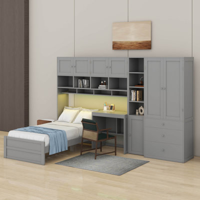 Platform Bed With Wardrobe, Drawers, Shelves & Cabinets, Desk & LED Lights, All-In-One Wooden Platform Bed Frame