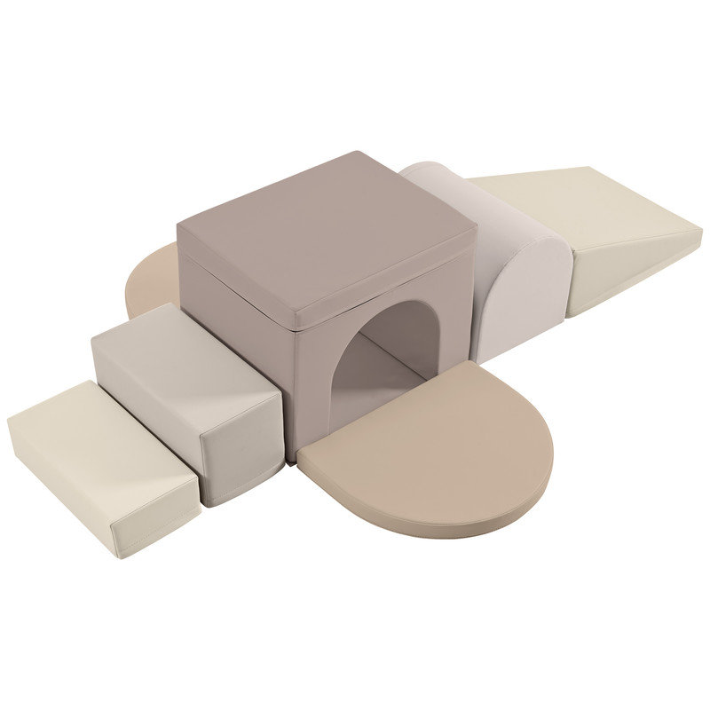 Structure de jeu en mousse Soft Play 7 en 1, aire de jeu pour enfants, rampe et escalade, Brun / Beige