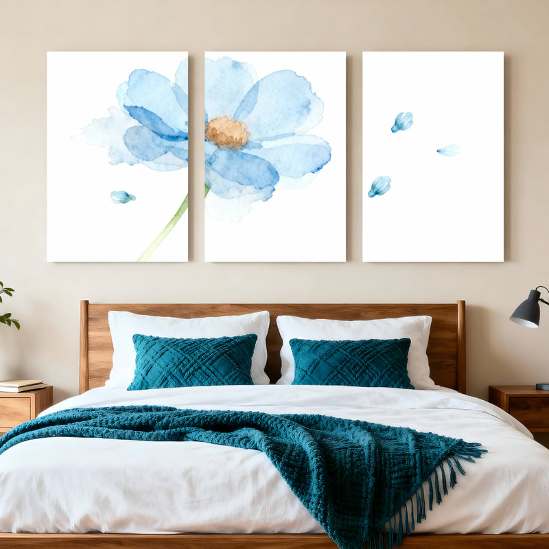 Aquarelle, fleur bleue, impression sur toile, ensemble floral (ensemble de 3), H 18 po x l 36 po