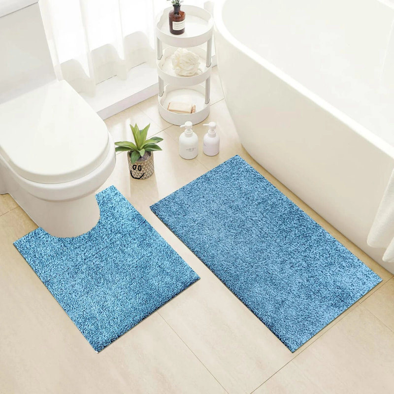 2 Piece Alya Small Bath Mat Ultra Soft Bathroom Rug Anti Slip Toilet Rug Pedestal Mat Set, Aqua, 80cm L x 50cm W