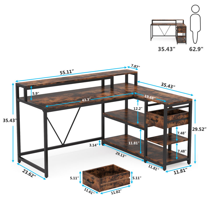 Reversible L -Shaped Computer Desk with Monitor Stand, Rustic Brown/Black