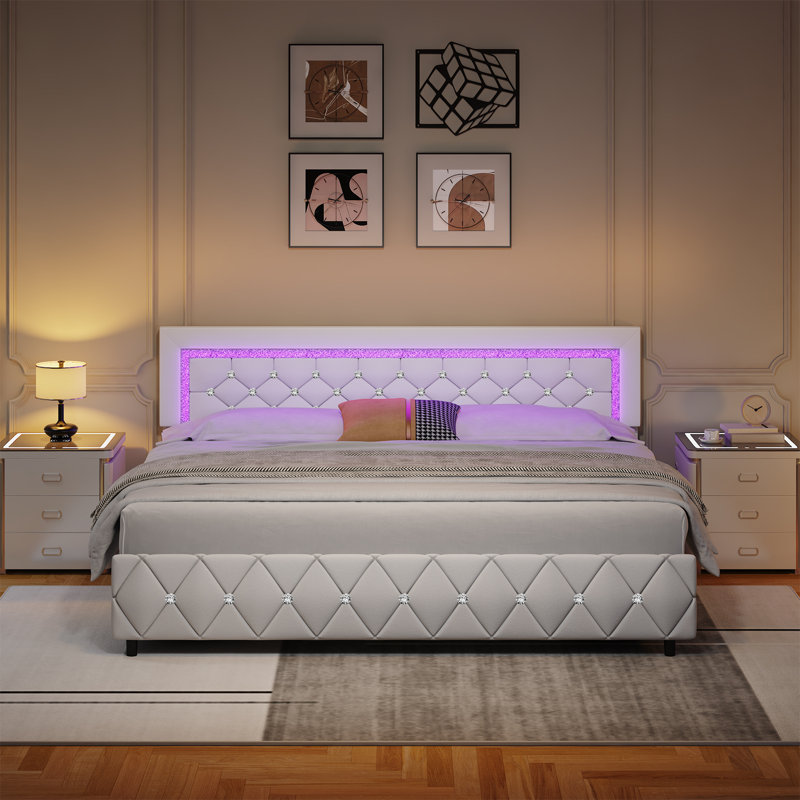 Cadre de lit plateforme tapissier avec lumières DEL et tiroirs de rangement Alber, Très grand lit, Blanc