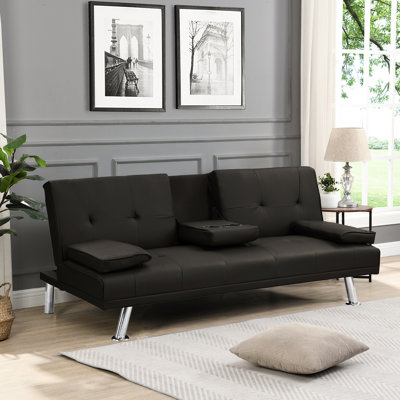 Lit brun foncé, accoudoirs et deux supports, pieds en acier inoxydable, structure en bois, lit polyvalent brun, option décorative