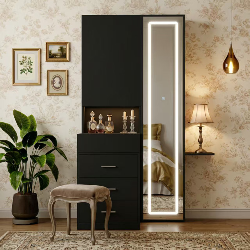 Armoire-penderie à 3 tiroirs H 63 po avec miroir à DEL réglable Wakeham, Rose