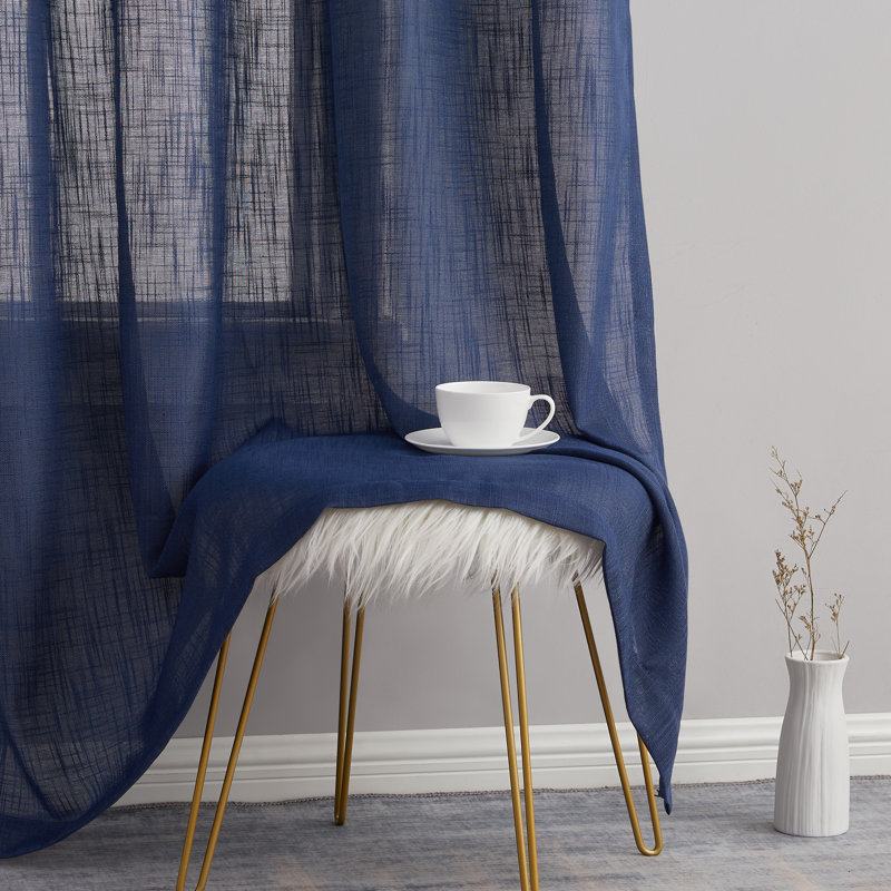 Aleksander Faux Linen Semi Sheer Grommet Curtain Pair, 54" W x 96" L, Navy Blue