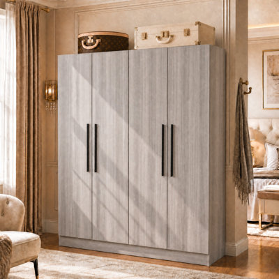 Armoire-penderie 4 portes de 63 po de largeur avec 2 tringles, 5 étagères intérieures et 2 compartiments de rangement supérieurs