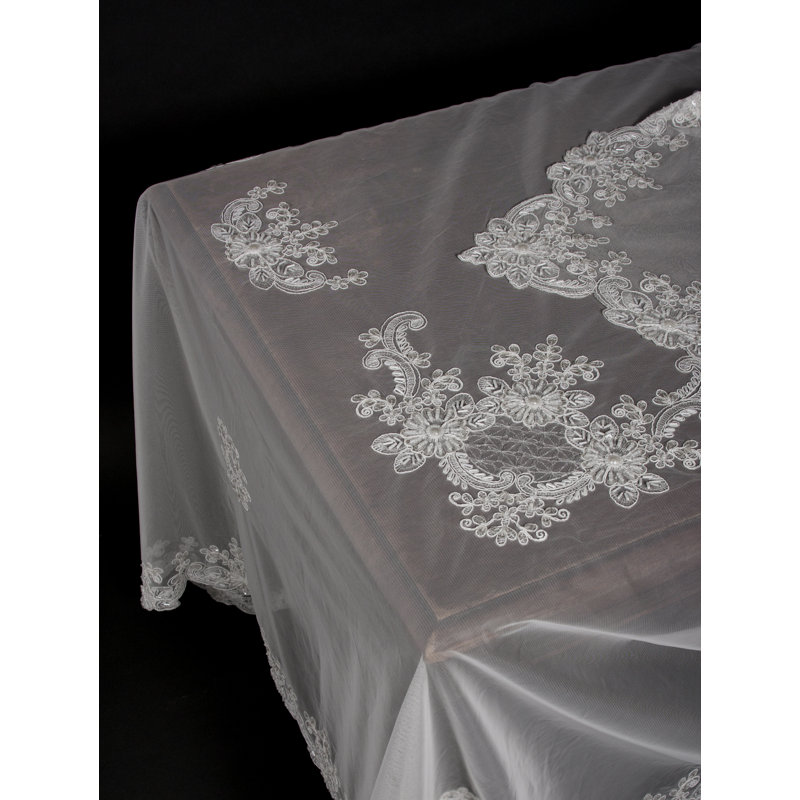 Delicate Daisies Lace Embroidered Tablecloth with Beaded Accent