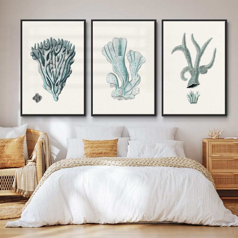 Ensemble de 3 pièces encadrées sur toile Antique Coastal Coral X, Noir, H 27 po x l 54 po