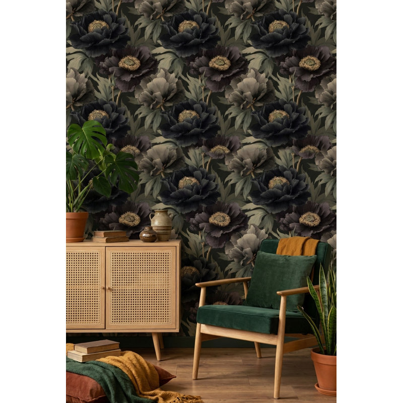Papier peint floral foncé Moody Botanical, Non-collé