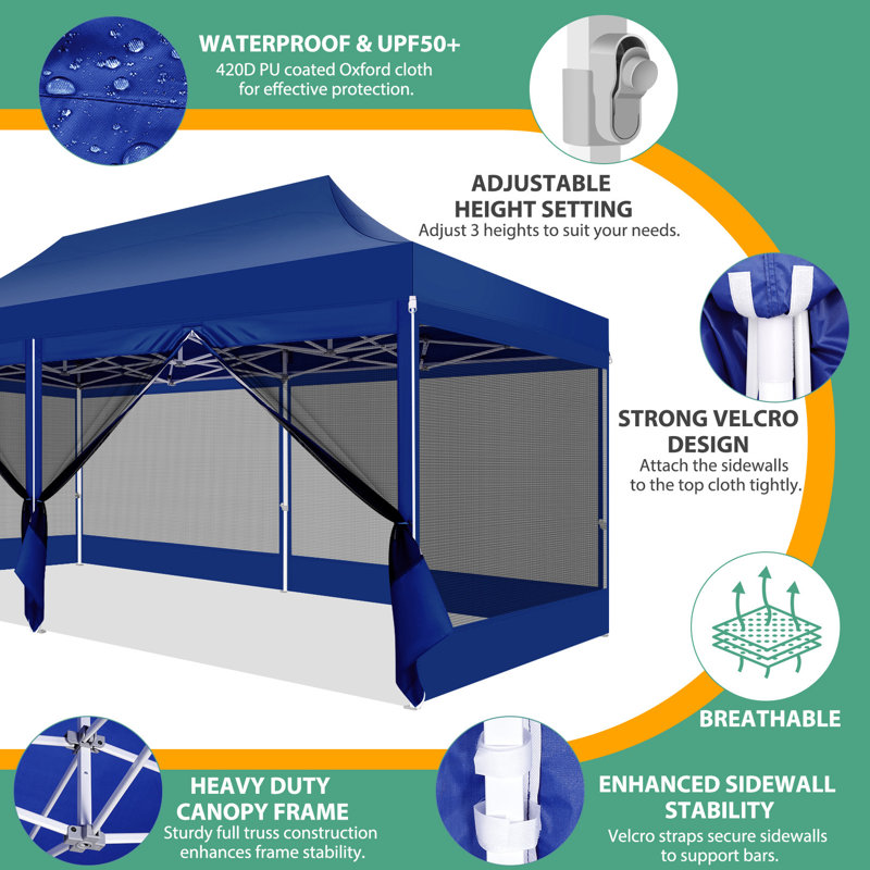 10'x20' Heavy Duty Canopy Tent, Pop up Gazebo with Netting Screened, Dark Blue