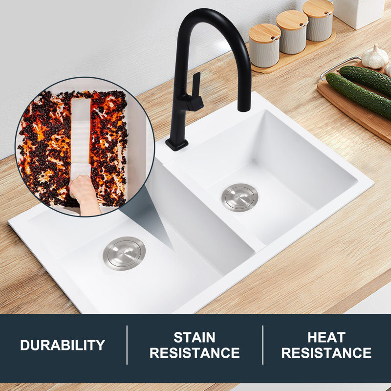 Évier de cuisine à surface lisse 32,3 "résistant aux taches avec cuve double Classifier (bonde escamotable incluse)